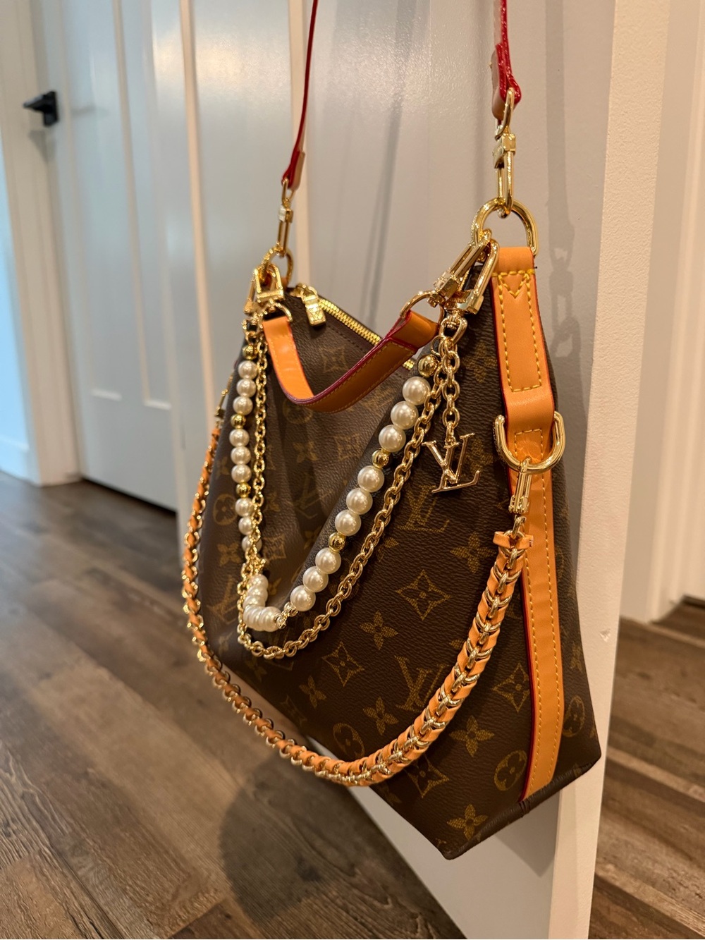 Source Unknown Brown Monogram Shoulder Bag. Pearl chain not included